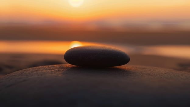 Smooth stone on a beach at sunset, tranquil scene. Meditation and serenity concept.