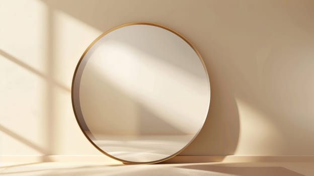 Round mirror with golden frame reflecting sunlight on beige wall, minimalist interior decor concept.
