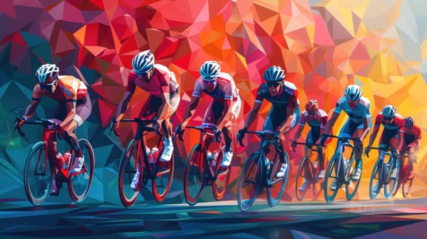 A group of cyclists are racing on a course with abstract background.