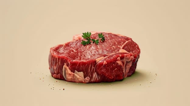 Raw ribeye steak with parsley garnish on beige background, culinary concept.