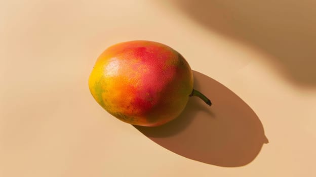 Ripe mango fruit on beige background, minimalistic still life. Fresh tropical fruit concept.