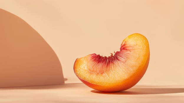 Peach slice on pastel background, close-up shot. Healthy eating and natural food concept.
