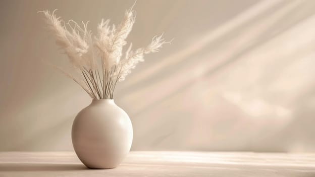 Minimalist white vase with pampas grass in soft natural light, home decor concept.