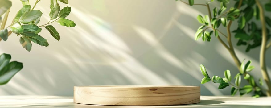 Wooden pedestal with green leaves and sunlight shadows, minimalistic nature background. Eco-friendly and natural product display concept.