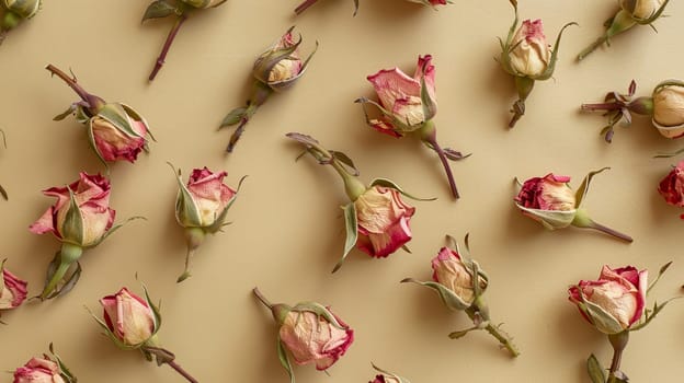 Dried rosebuds on a beige background, romantic and vintage concept.