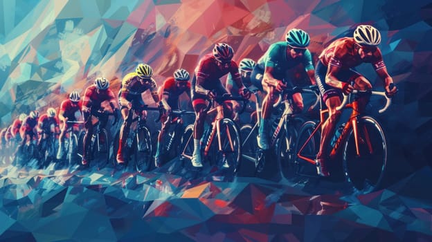 A group of cyclists are racing on a course with abstract background.