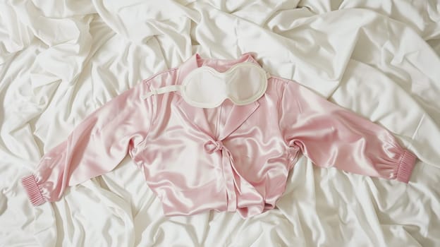 Pink satin pajama top and eye mask on white silky bedding, top view.