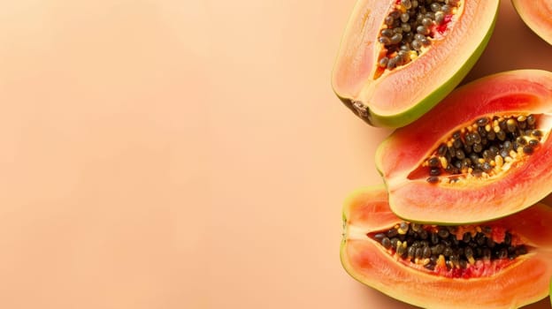Sliced papaya on beige background, tropical fruit concept.