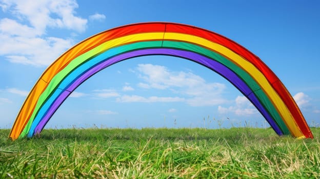 A rainbow is stretched across a field of grass.