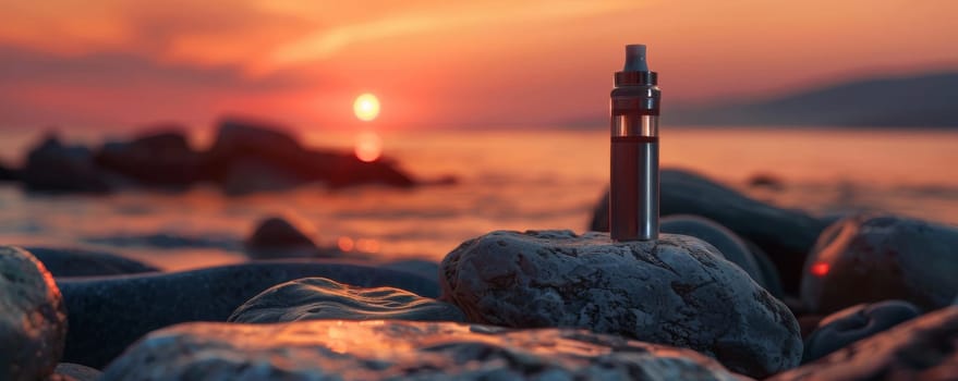 Vape device on rocky beach at sunset, detailed view. Relaxation and summer vibe concept.