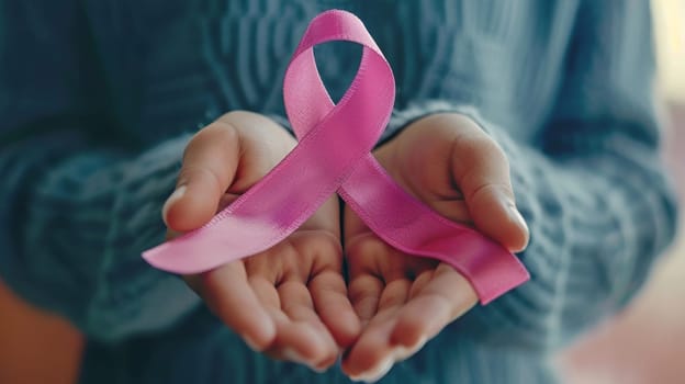 Hands holding pink breast cancer awareness ribbon, close-up.