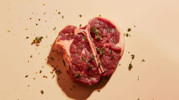 Raw T-bone steak with herbs on beige background. Culinary ingredient and food photography concept.