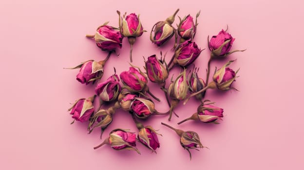 Dried rose buds on a pink background, floral arrangement. Romantic and vintage concept.