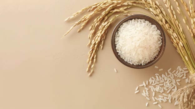 Bowl of white rice with rice stalks on beige background, natural food concept.
