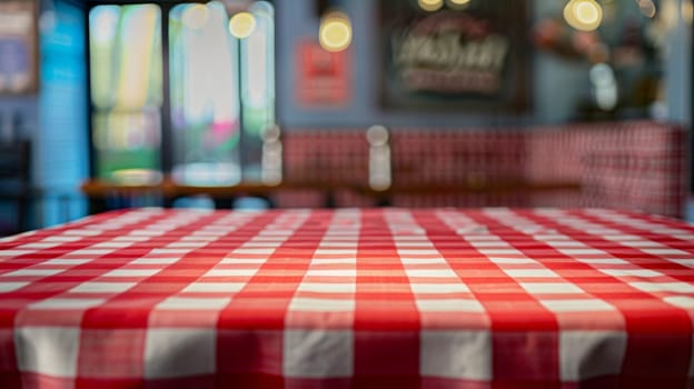 Red and white checkered tablecloth in cozy restaurant interior.