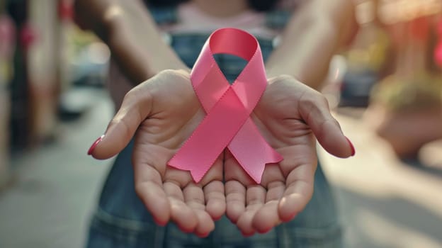 Hands holding a pink breast cancer awareness ribbon, close-up. Health and wellness concept.