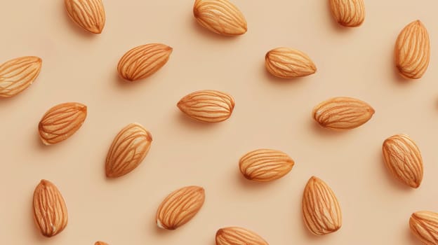 Almond nuts pattern on beige background, flat lay. Healthy food and diet concept.