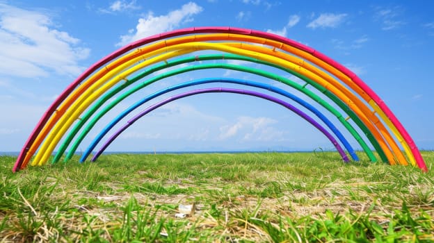 A rainbow is stretched across a field of grass.