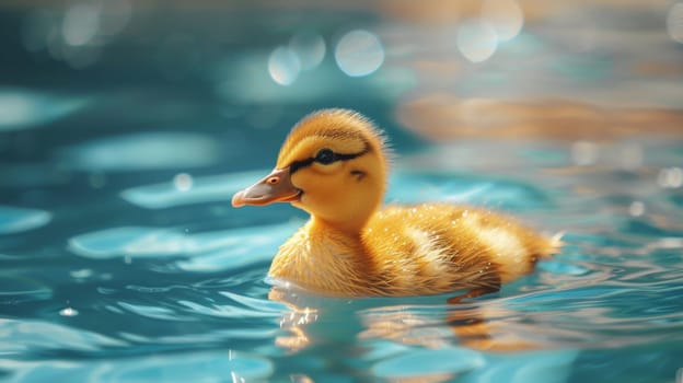 Duckling swimming in blue water, sunlight reflections. Nature and wildlife concept.