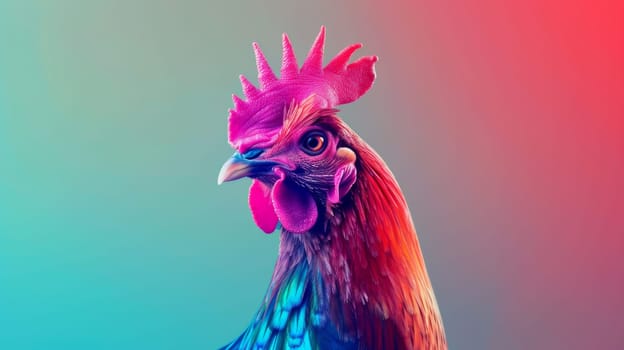 Close-up of a rooster with vibrant colors, studio shot. Concept of vibrant animals and modern art.