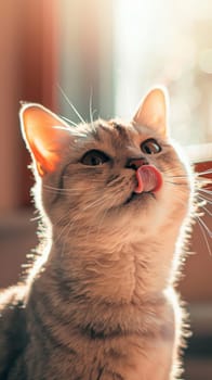 Cute cat licking its nose in warm sunlight, close-up. Adorable pet and domestic animal concept.