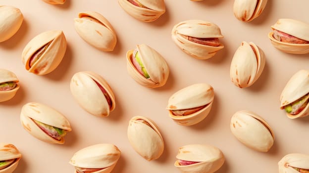 Pistachios on a light beige background, top view. Healthy snack and food concept.