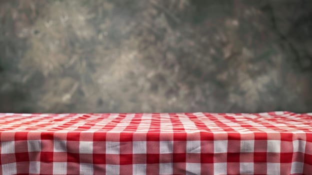 Red and white checkered tablecloth on table with blurred background, picnic and rustic setting concept.
