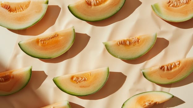 Slices of ripe cantaloupe melon arranged in a pattern, top view. Fresh summer fruit concept.