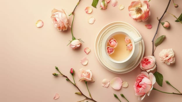 Tea cup with pink roses and petals on pastel background, top view. Romantic floral arrangement concept.
