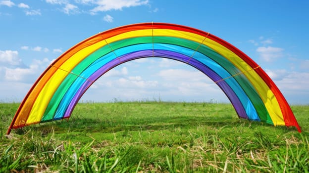 A rainbow is stretched across a field of grass. The rainbow is very large and is the main focus of the image. The sky is clear and blue, and there are no clouds in the sky. The grass is green and lush