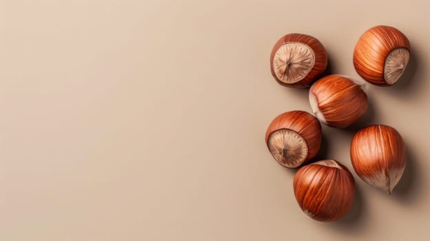 Hazelnuts on a beige background, top view. Healthy eating and organic food concept.