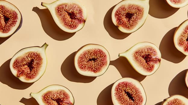 Halved figs in a pattern on a beige background, natural light photography. Fresh fruit concept.