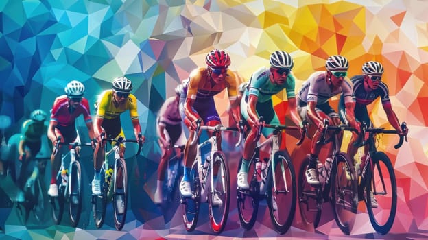 A group of cyclists are racing on a course with abstract background.