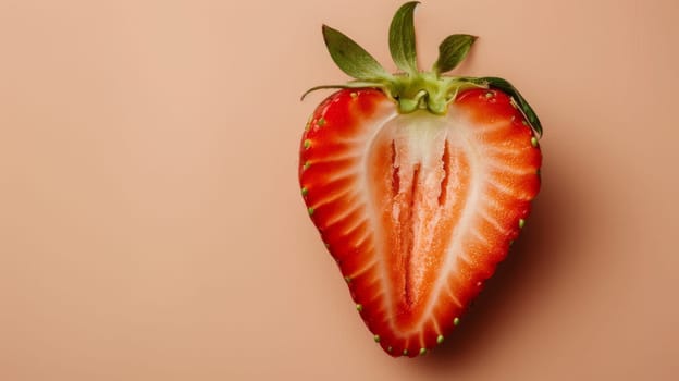 Halved strawberry on a peach background, close-up. Fresh fruit and healthy eating concept.