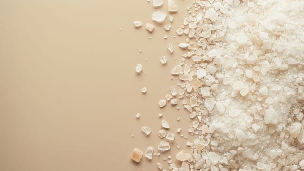 Himalayan salt crystals scattered on beige background, top view. Natural mineral concept.
