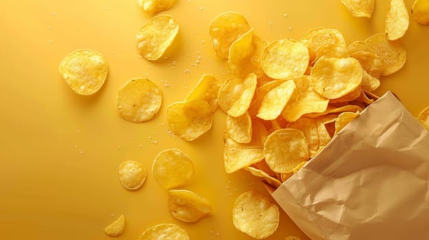 Crispy potato chips spilling out of a paper bag on yellow background. Snack food concept.