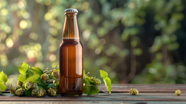 Beer bottle with hops on wooden table, outdoor bokeh background. Refreshing beverage and brewing concept.
