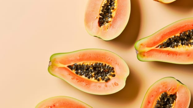 Halved papayas on beige background, top view. Tropical fruit concept.