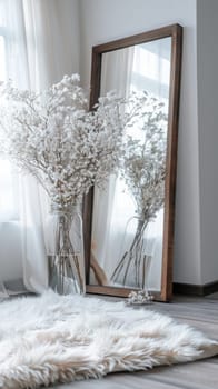 Elegant interior with dried flowers and mirror reflection, cozy home decor concept.
