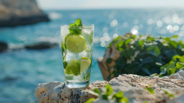 Refreshing mojito cocktail with lime and mint on a rocky beach backdrop, summer vacation concept.