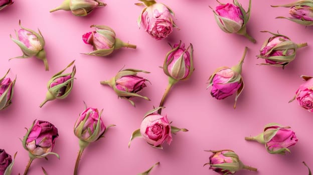 Pink rose buds on a pink background, flat lay. Floral arrangement concept.