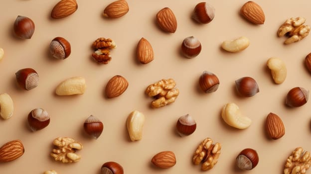 Various nuts scattered on a beige background, healthy eating and snack concept.