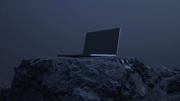 Laptop on a rocky surface in a dark, moody environment. Technology and adventure concept.