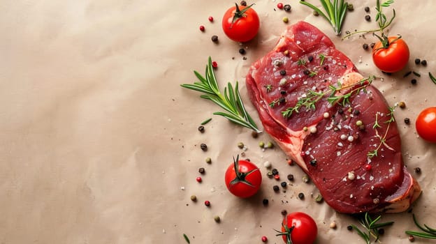 Fresh raw beef steak with tomatoes, herbs, and spices on parchment paper.
