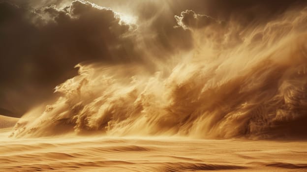 Sandstorm rolling over the desert dunes under dramatic cloudy sky, natural phenomenon concept.