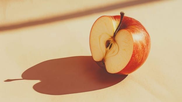 Sliced red apple with shadow on beige background, minimalist concept.