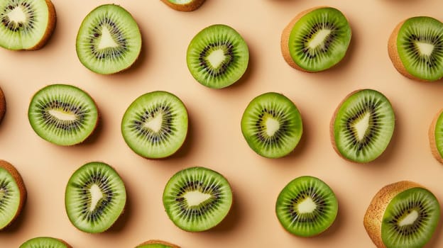 Fresh kiwi slices on a peach background, top view. Healthy fruit and nutrition concept.