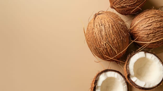 Whole and halved coconuts on a beige background, tropical fruit concept.