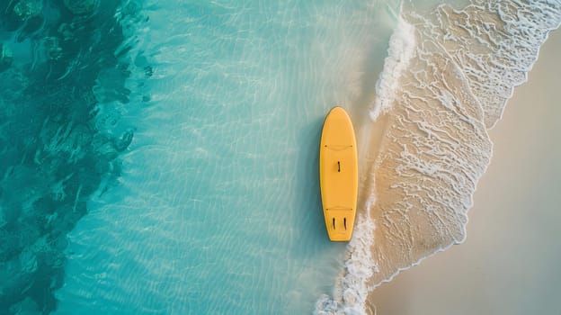 Yellow surfboard on pristine sandy beach with clear turquoise waters, aerial view. Tropical vacation and adventure concept.