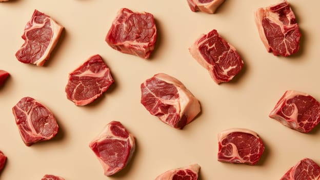 Raw beef steaks arranged on beige background, close-up. Food pattern concept.